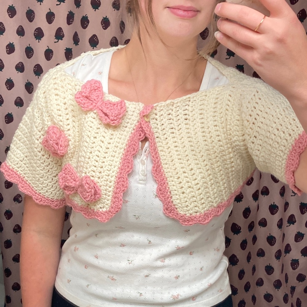 Handmade Cream and Pink Crocheted Scalloped Bow Mini Cardigan Bolero
